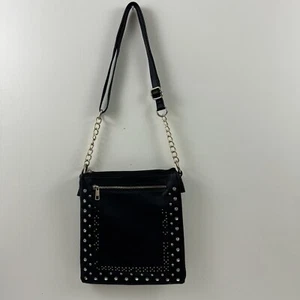 LaTique Black Faux Leather Studded Rhinestone Crossbody Purse Shoulder Handbag - Picture 1 of 16