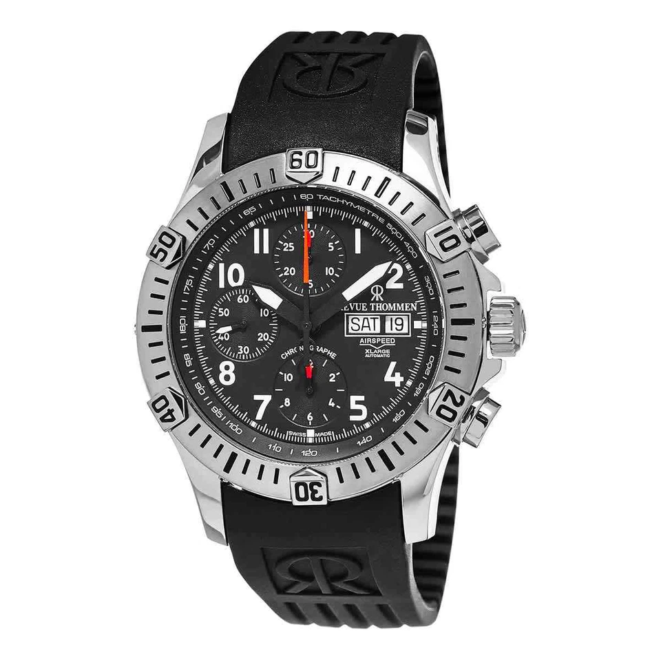 Revue Thommen Air Speed XL 22mm Black Rubber Band with 45mm Silver Case Automatic Men's Watch (16071.6834)
