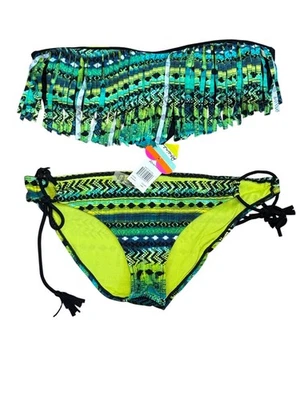 Raisins Fringe Bandeau Bikini Set Womens Size L Multicolor Geometric Boho Tassel - Image 1 of 4