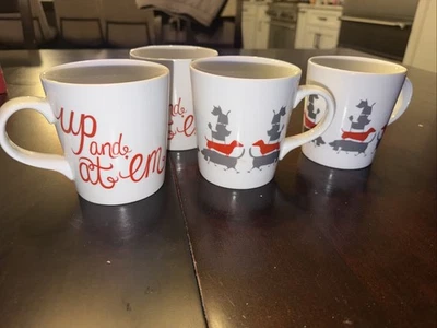 Taza CRATE & BARREL 'Up & At Em' blanca, gris y roja 16 oz juego de 4 perros cerámica Foto 1 de 4