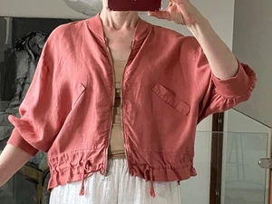 Made in Italy Lagenlook Leinen Jacke / Reißverschluss vorne Oberteil 3/4 Arm rosa One Size - Bild 1 von 11