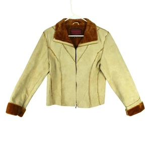Frequency Suede Leather Shell faux fur lined Jacket Womens Large Beige Western - Picture 1 of 14