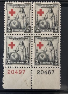 Scott 702, 2c Red Cross, Plate block/4, Bottom #s20497(R)/20467(B) MNH Free Ship - Picture 1 of 1