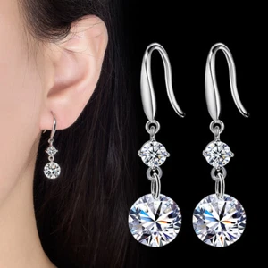 925 Sterling Silver Earrings Ear Hook CZ Dangle Drop Womens Fashion Jewellery - Picture 1 of 5
