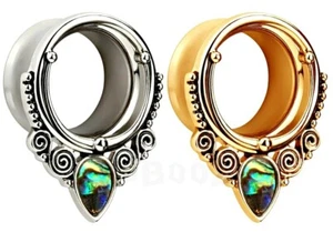 1x Abalone Shell Teardrop Silver Opal Steel Earring Tunnel Double Flare Ear Plug - Picture 1 of 11