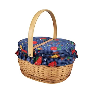 Sewing Craft Basket Double Lid With Handle Wood Fabric Woven Vintage - Picture 1 of 22
