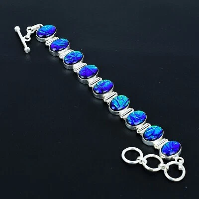 Bracciale In Gemma Di Opale Blu Triplo Fatto A Mano In Argento Sterling 925 - Immagine 1 di 4