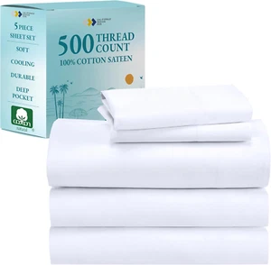 Split King Size Sheet Set - 100% Cotton 500 Thread Count, Cooling Deep Pocket Be - Picture 1 of 8