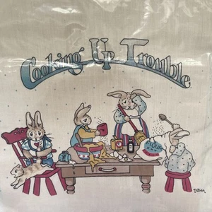 Vintage Hand Silk-Screened Fabric Panel Nina Shaffer Bunnies Cooking Up Trouble - Picture 1 of 8