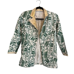 Money Print Jacket Blazer Womens M Costume Novelty Gold Lapel Hip Hop Streetwear - Picture 1 of 7