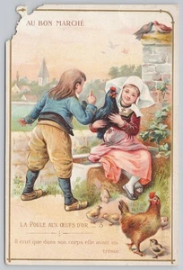 Tarjeta comercial victoriana de gallina con huevos de oro, grandes almacenes Bon Marche dañada - Imagen 1 de 2