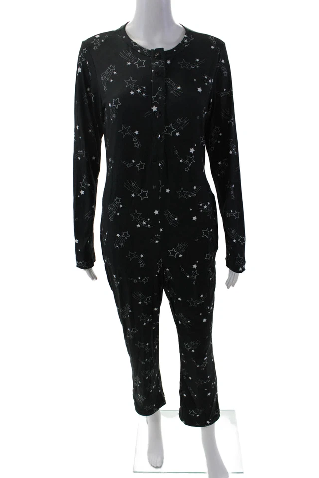Mason Grey Womens Star Print Long Sleeve Sleepwear One Piece Black Size S - Image 1 of 4