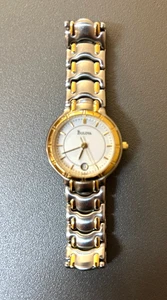 Women Bulova Watch White Dial Two Tone Date Round Gold Silver Needs Battery - Picture 1 of 5