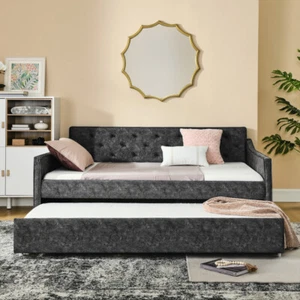 Home Upholstered Button Tufted Full Size DayBed Frame with Twin Size Trundle Bed - Picture 1 of 13