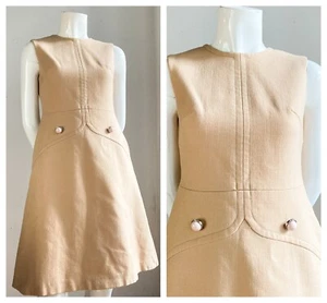 Vintage 60s Mod Camel Wool Sleeveless Dress M - Picture 1 of 7