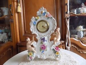 Vintage Dresden Hand Painted Porcelain Clock with flowers and putti