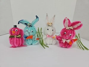 Vintage Chenille Pipe Cleaner Easter Bunny chick handmade set of 4 spring kitsch - Picture 1 of 16