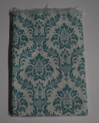 100% cotton fabric 14-1/2" X 38" WHITE AQUA DAMASK piece remant scrap - Image 1 of 2