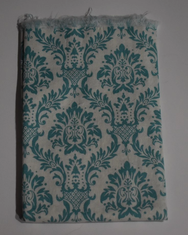 100% cotton fabric 14-1/2" X 38" WHITE AQUA DAMASK piece remant scrap - Image 1 of 2