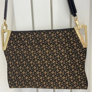 GENUINE DKNY BLACK & BROWN MONOGRAM CROSSBODY BAG WITH GOLD HARDWARE RRP £250.00 - Picture 1 of 16