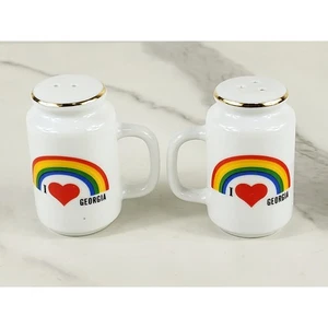 Salt & Pepper Shakers Rainbow I love Georgia 70's Porcelain 2 3/4" Gold Trim Vtg - Picture 1 of 13
