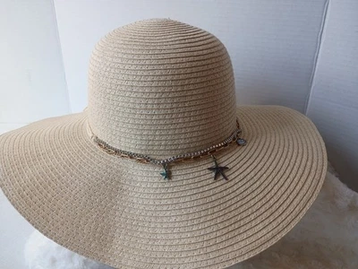 Женская широкополая соломенная шляпа от солнца 15,5 дюйма с подвеской в виде морской ракушки морской звезды пляжная летняя - Изображение 1 из 4