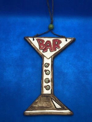 Tiki Bar Martini Ceramic Wall Hanging Handmade Pottery Sign Olive Retro Decor - Image 1 of 4