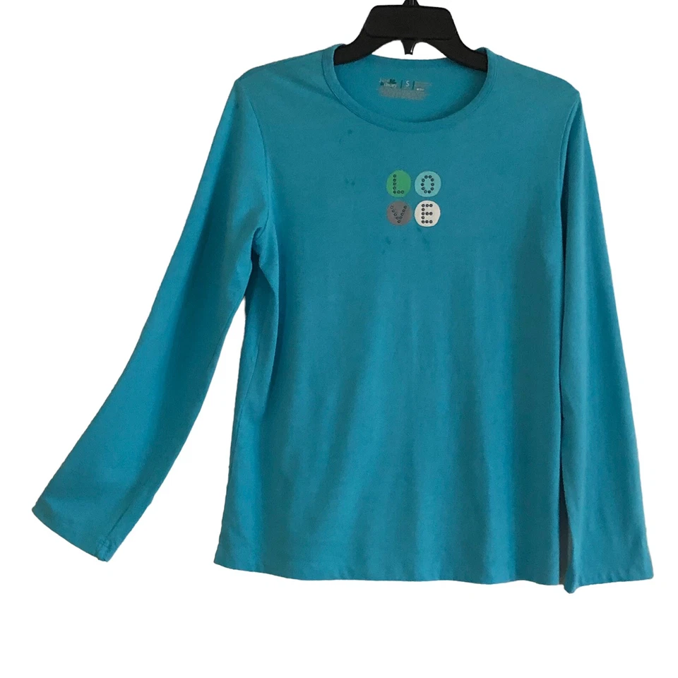 Camisa June & Daisy Manga Larga Estrás LOVE Aqua Turquesa Azul Talla S 4/6 Foto 1 de 4