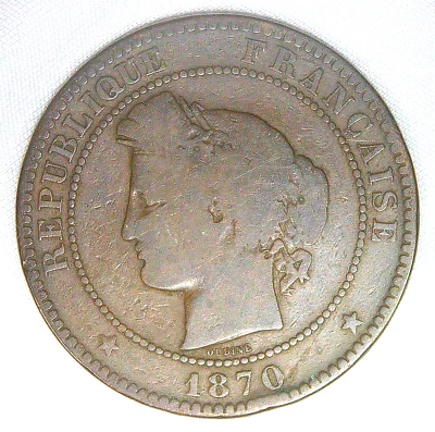 France 1870-A 10 Centimes Nice VG/F Bronze Chocolate Brown Planchet - Image 1 of 4