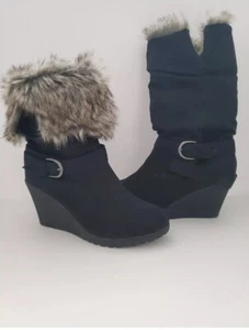 Lower East Side Black Wedge Boots Faux Fur Tops Size US 8.5 Wear Up Or Rolled - Picture 1 of 11