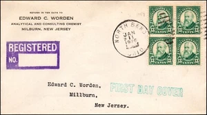 Scott 622 13 centavos Harrison Worden dirección tipo FDC North Bend, Ohio bloque CXL - Imagen 1 de 2