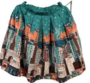 Grace Karin Skyline Green New York NYC Novelty Print Pleated Skirt Size Small - Picture 1 of 10