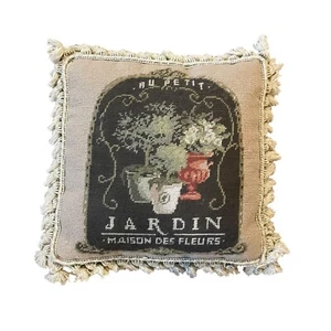 Au Petit Jardin Pillow Needlepoint Maison Des Fleurs Tassel Accent Decor - Picture 1 of 7