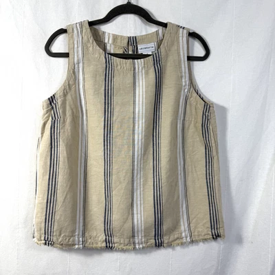 Camiseta sin mangas Liz Claiborne para mujer talla M beige a rayas lino mezcla de algodón dobladillo crudo Foto 1 de 4
