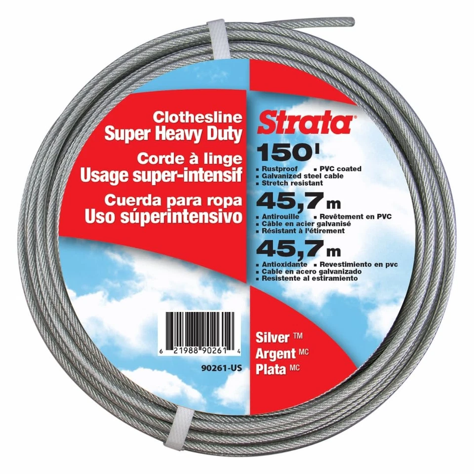 STRATA 150' Silver Clothesline - Super Heavy Duty Galvanized Steel Cable PVC