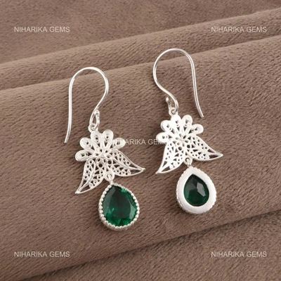 Pera Verde Gemma Smeraldo Argento Sterling Nero Friday Pendente Gancio Orecchini - Immagine 1 di 4