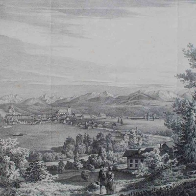Stadtansicht Idyllische Landschaft Süddeutschland Lithografie Anfang 19 Jhd - Bild 1 von 4