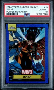 2024 Topps Chrome Marvel Wasp 15 viola /75 PSA 10 GEM OTTIME CONDIZIONI - Foto 1 di 2