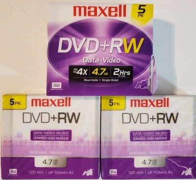 3 Maxell DVD RW 5 Pack Discs Data Video 4X Cases (Total 15 Discs) NEW - Image 1 of 4