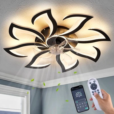 Black Flower Modern Ceiling Fans with Lights Low Profile Ceiling Fan with Rem... - Image 1 of 4