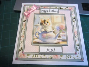 Handmade Birthday Card - Cute Kitten Friend Themed Size 8" X 8" - Picture 1 of 5