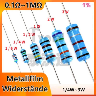 Metallfilm Widerstand 1/4W,1/2W,1W,2W,3W, 0,1Ohm~1 MOhm 1% Widerstände Auswahl - Bild 1 von 4