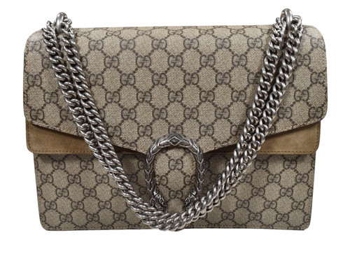 Autentica borsa a tracolla media Gucci beige tela pelle scamosciata Dioniso GG Supreme