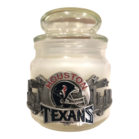 New! HOUSTON TEXANS Apothecary Glass Candle With Lid, Metal Plaque NFL Cover