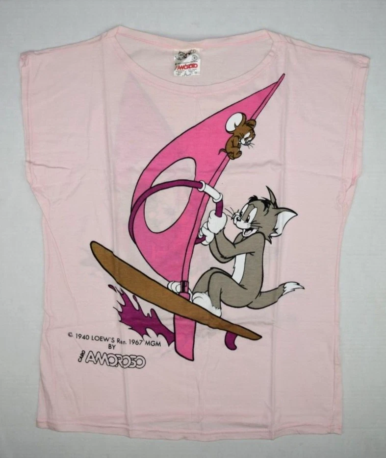 Vintage T-Shirt Amoroso Size S 70s Pink Tom and Jerry Windsurf Retro 1940 1967 - Image 1 of 4