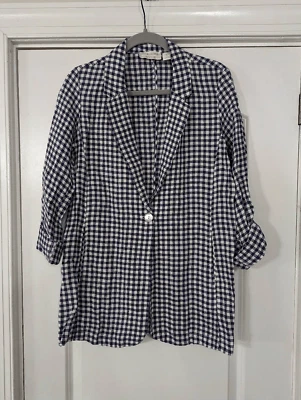 Cynthia Rowley Linen Blazer women's size Small navy blue gingham one button - Image 1 of 4