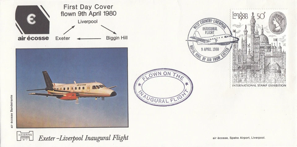 London Stamp Exhibition GB Havering FDC Exeter Liverpool FLOWN 1980 (110609)  - Image 1 of 1