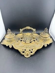 Vintage Double Brass Ink Well Very Ornate See Photos No Inserts - Picture 1 of 15