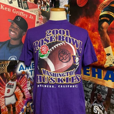 Vintage Washington Huskies 2001 Rose Bowl Purple Football T-Shirt Sz Large - Image 1 of 4