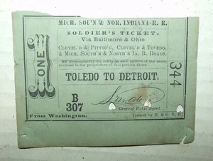 1860er Jahre Konföderierte Union Soldaten Ticket B&O Eisenbahn Bürgerkrieg #344 Detroit - Bild 1 von 4